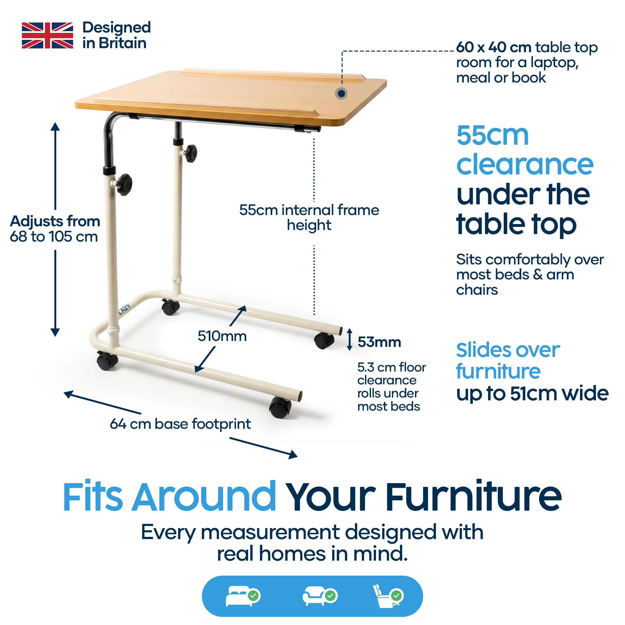 Eazy Glide overbed table dimensions — 60 by 40 cm tabletop, 55 cm clearance beneath, 64 cm base footprint, adjustable from 68 to 105 cm.