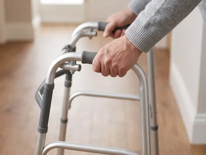 A person's hand resting on the dark-grey grips at the top of the lightweight silver folding walking frame as they walk with it.