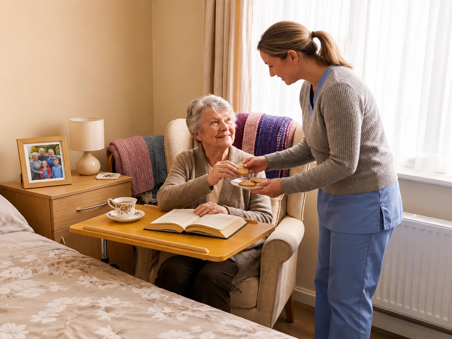 A carer serving tea to an elderly woman in an armchair, with the Eazy Glide overbed table holding an open book and teacup in front of her.