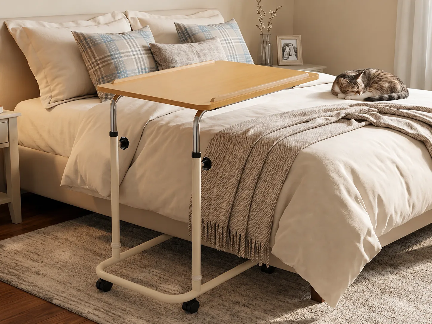The Eazy Glide overbed table positioned over a bed on its height-adjustable wheeled legs.