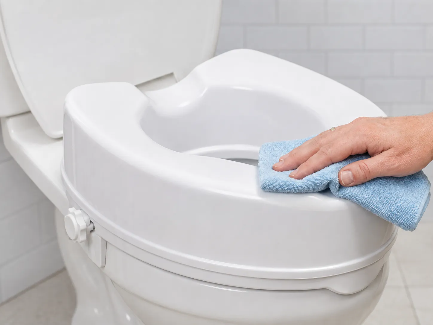 A hand wiping the smooth polypropylene surface of the raised toilet seat clean with a cloth.