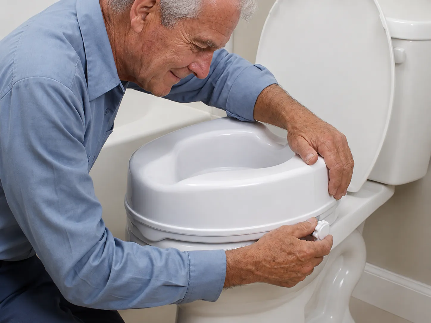 A man fitting the open, lidless raised toilet seat to his toilet by hand, tightening the side knob.