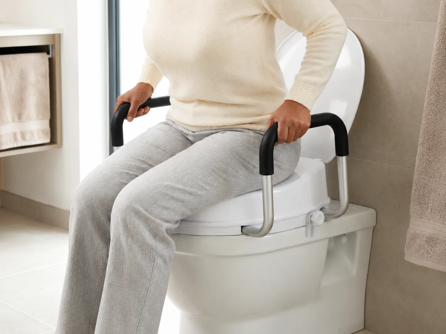 A woman steadying herself on the padded support handles of the raised toilet seat as she sits down.
