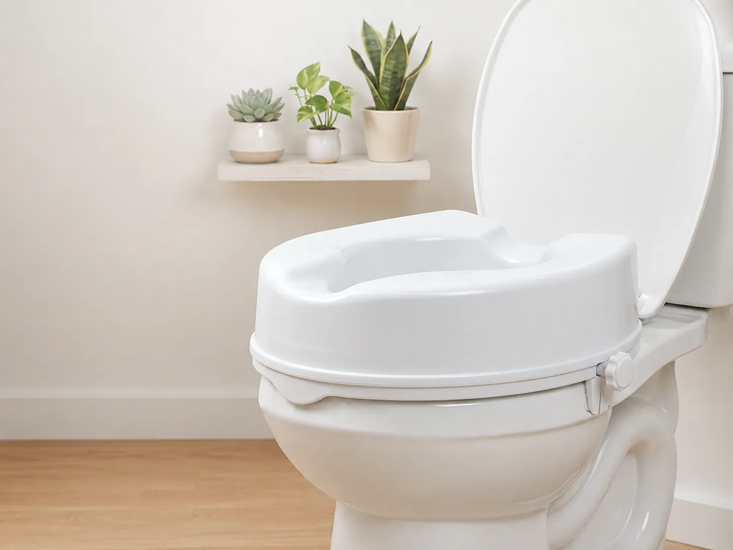 The 4-inch raised toilet seat fitted on a standard toilet in a bright bathroom.