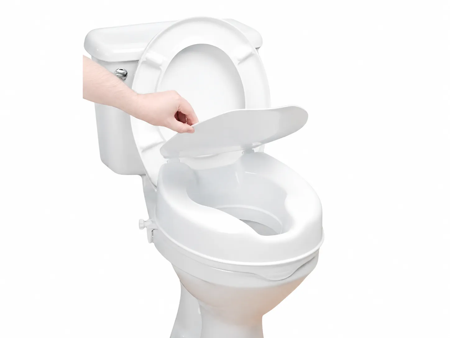 A hand lowering the fitted lid onto the raised toilet seat, showing the hinged lid design.