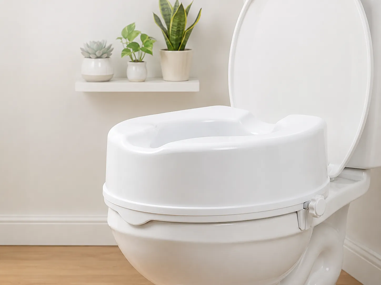 The 6-inch raised toilet seat fitted on a standard toilet, showing its taller profile.