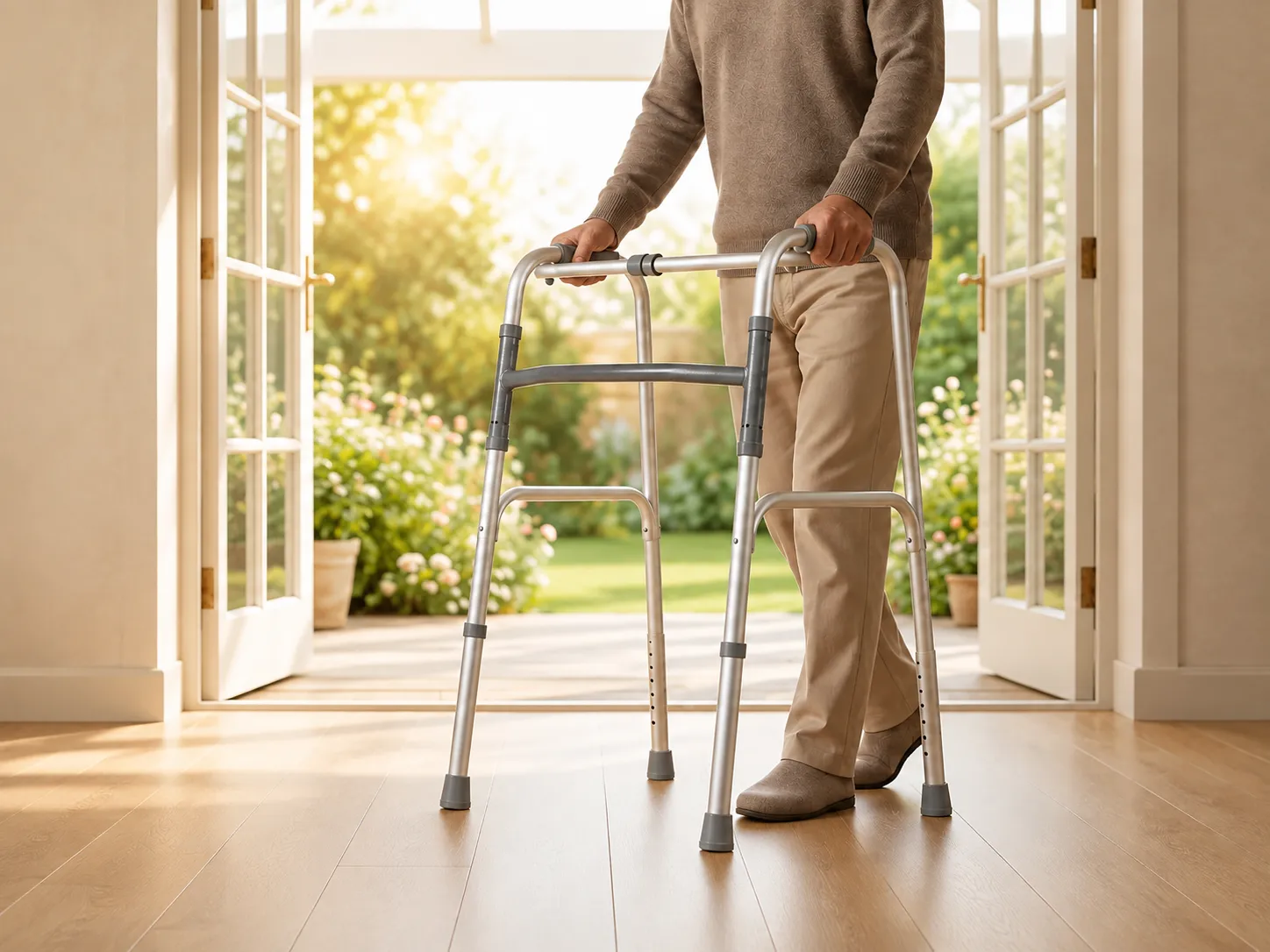 A man walking with the lightweight folding walking frame through open French doors towards a sunny garden.