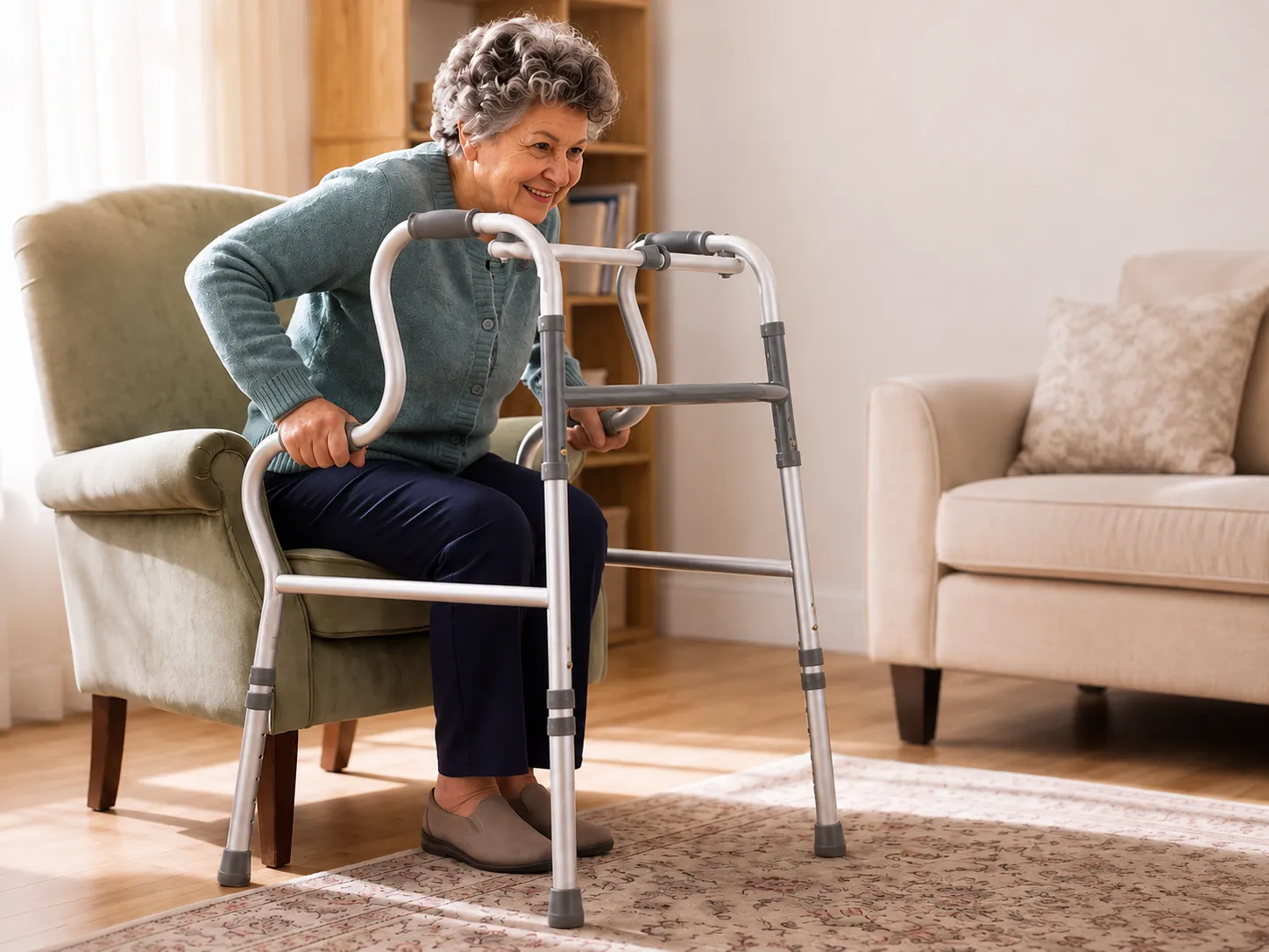 A woman rising from her armchair by pressing down on the walking frame's stand-assist handles.