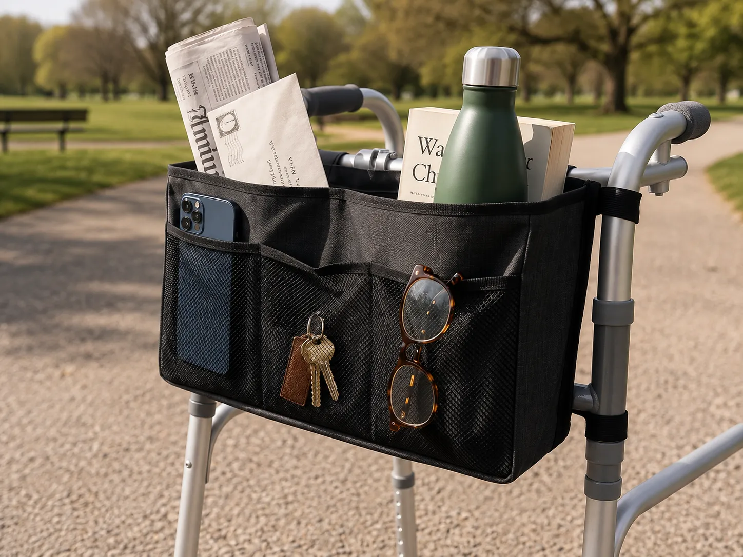 The walking frame's black storage bag fitted to the front cross-bar, its mesh pockets holding a phone, keys, glasses, a newspaper and a water bottle.