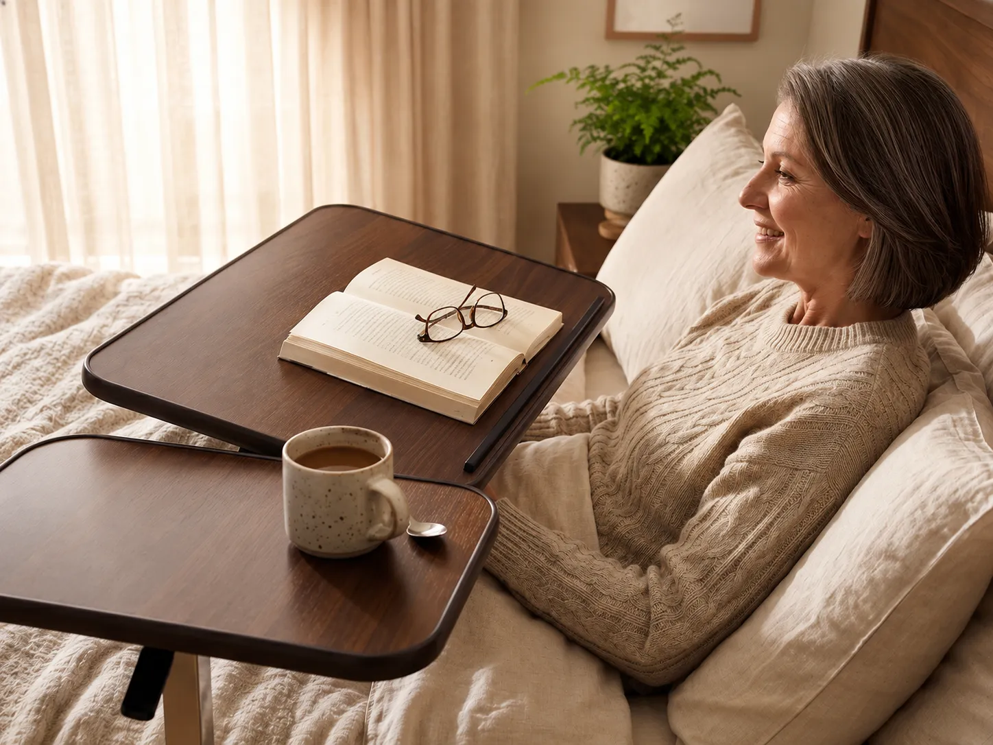 A woman reading in bed with the U-Base overbed table across her, an open book on the walnut top and a cup sitting level on the side section.