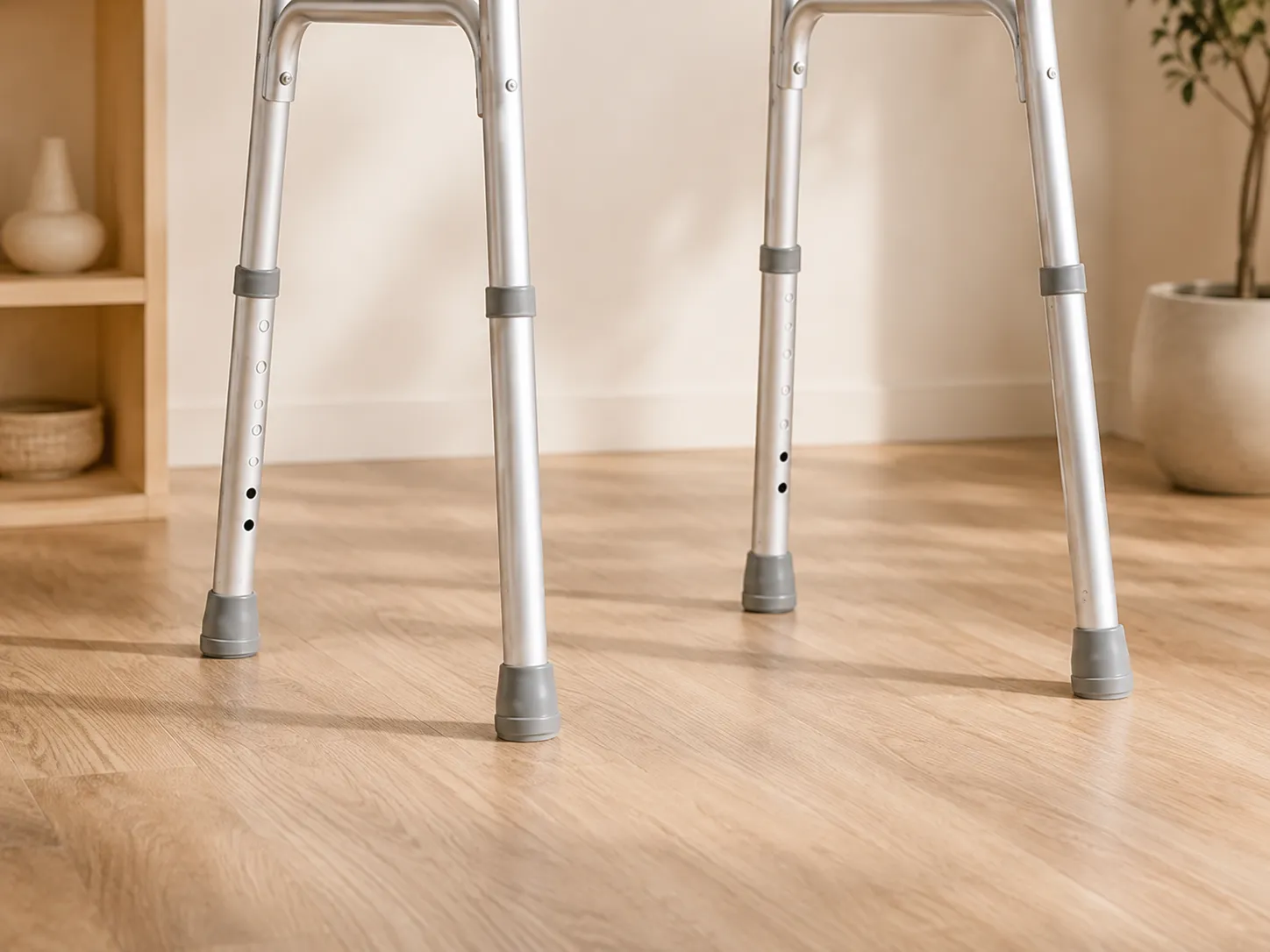 Close-up of the Classic walking frame's non-slip rubber ferrule feet planted on a wooden floor, with the height-adjustment holes visible on the legs.