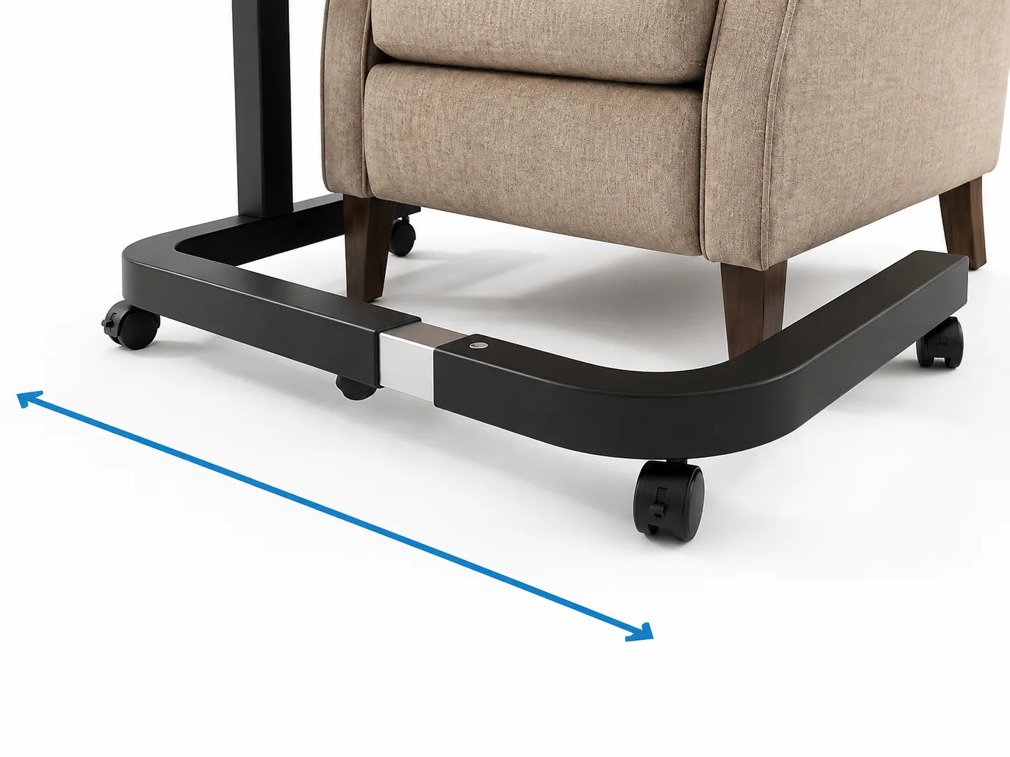 The U-Base table's width-adjustable base extended around the feet of a recliner armchair, with a castor at each corner.