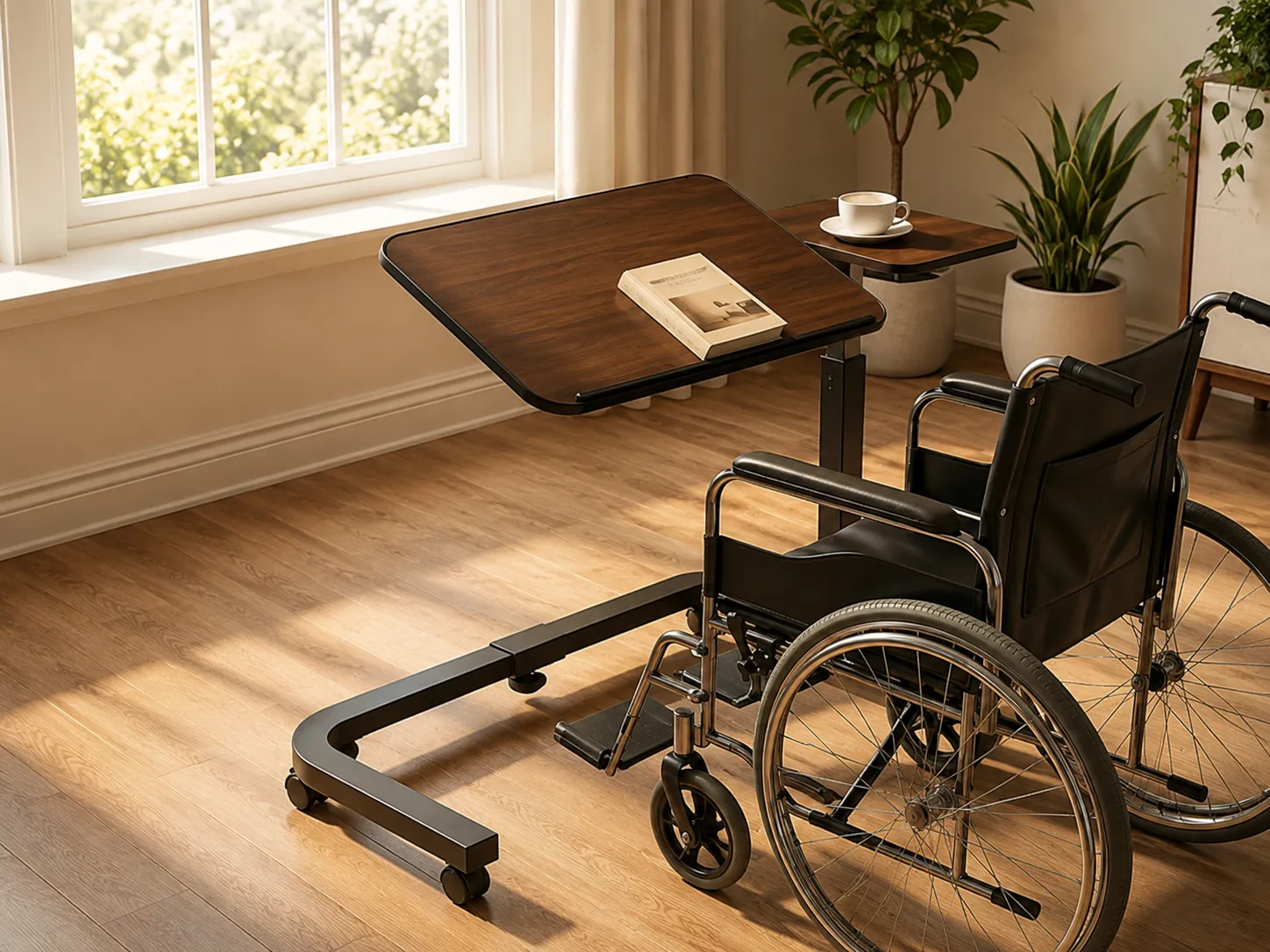 The U-Base overbed table positioned around a wheelchair on a wooden floor, holding a book and a cup of tea.